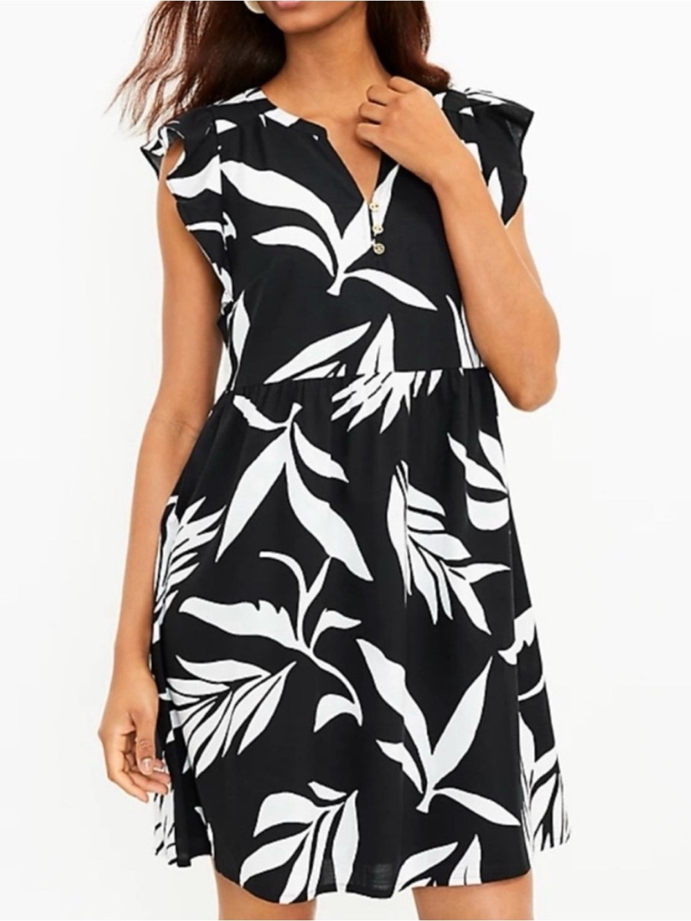 LOFT Tropical Palm Print Flutter Sleeve Swing Dress